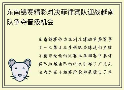 东南锦赛精彩对决菲律宾队迎战越南队争夺晋级机会